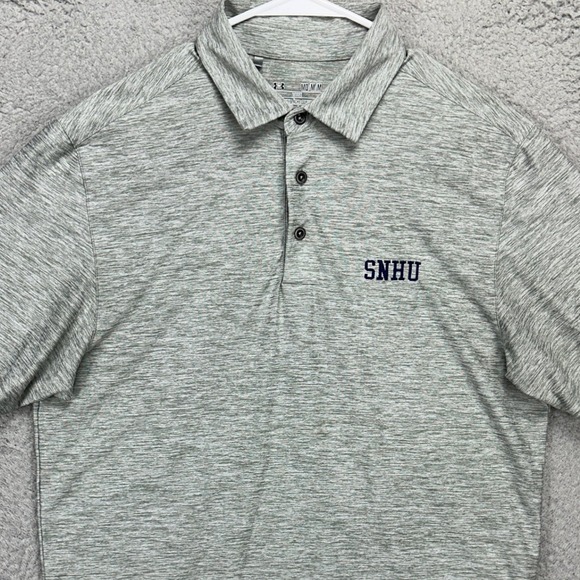 Under Armour Heat Gear Shirt Golf Polo Mens Medium Gray Heather Loose Rugby Logo - Picture 1 of 10
